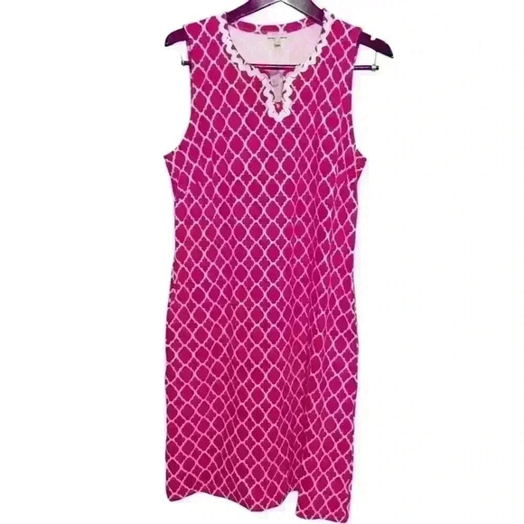 TALBOTS Pink White Quatrefoil Print MIDI Dress Size L Sleeveless Pockets Casual - Picture 2 of 10